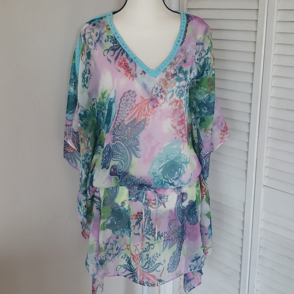 Sheer Bathing Suit Coverup: Purple, Teal, Pink, White,  Size : Large